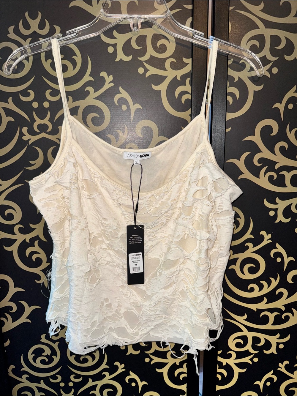 Fashion Nova Women's Cream Distressed Lace Cami